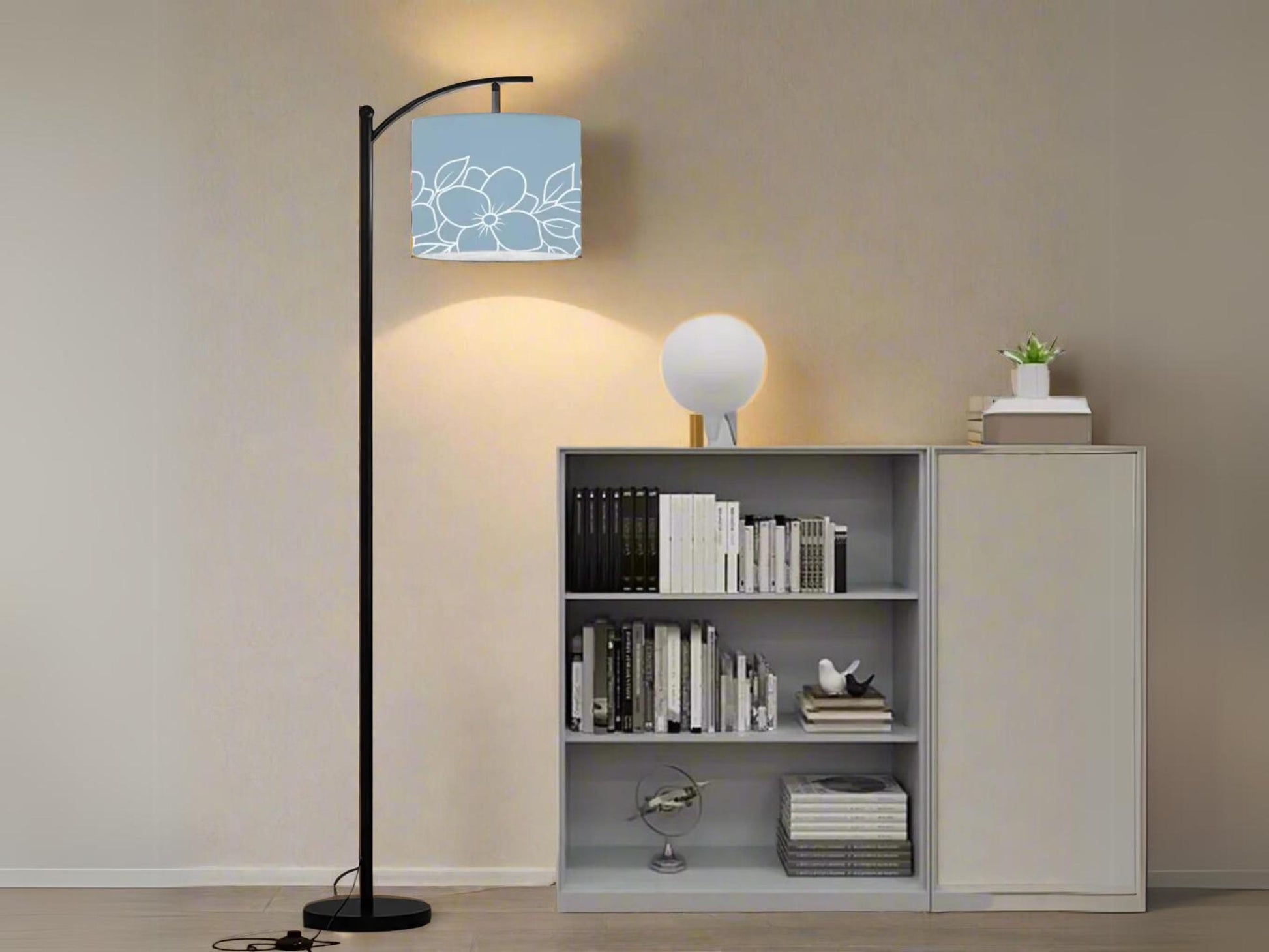 Arc Floor Lamp Modern Powder Blue Floral Living Room Lamp Gift Housewarming Present Idea Wildflowers Design Bedroom Lighting Floor Lamp Gift