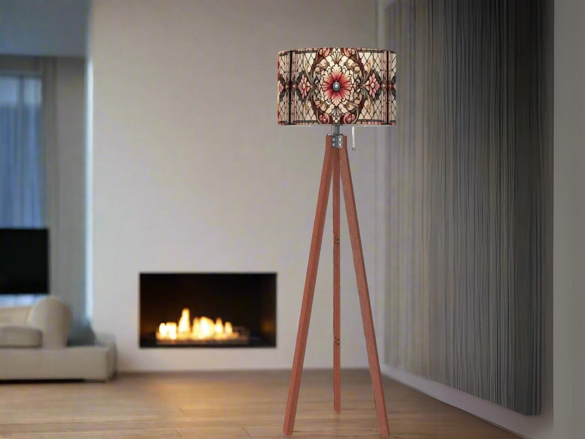 Floor Lamp Mid Century Wood Tripod Tall Lamp Solid Wood Linen Shade Stained Glass Effect Tall Lamp Housewarming Gift Living Room Decor Lamp