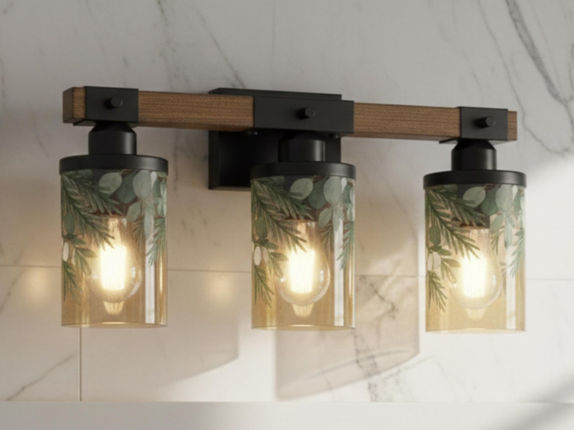 Bathroom Light Fixture Green Vanity Lighting  3-Light Decorative Metal & Glass Restroom Light Sage Greenery Pink Leaves Over Sink Decor