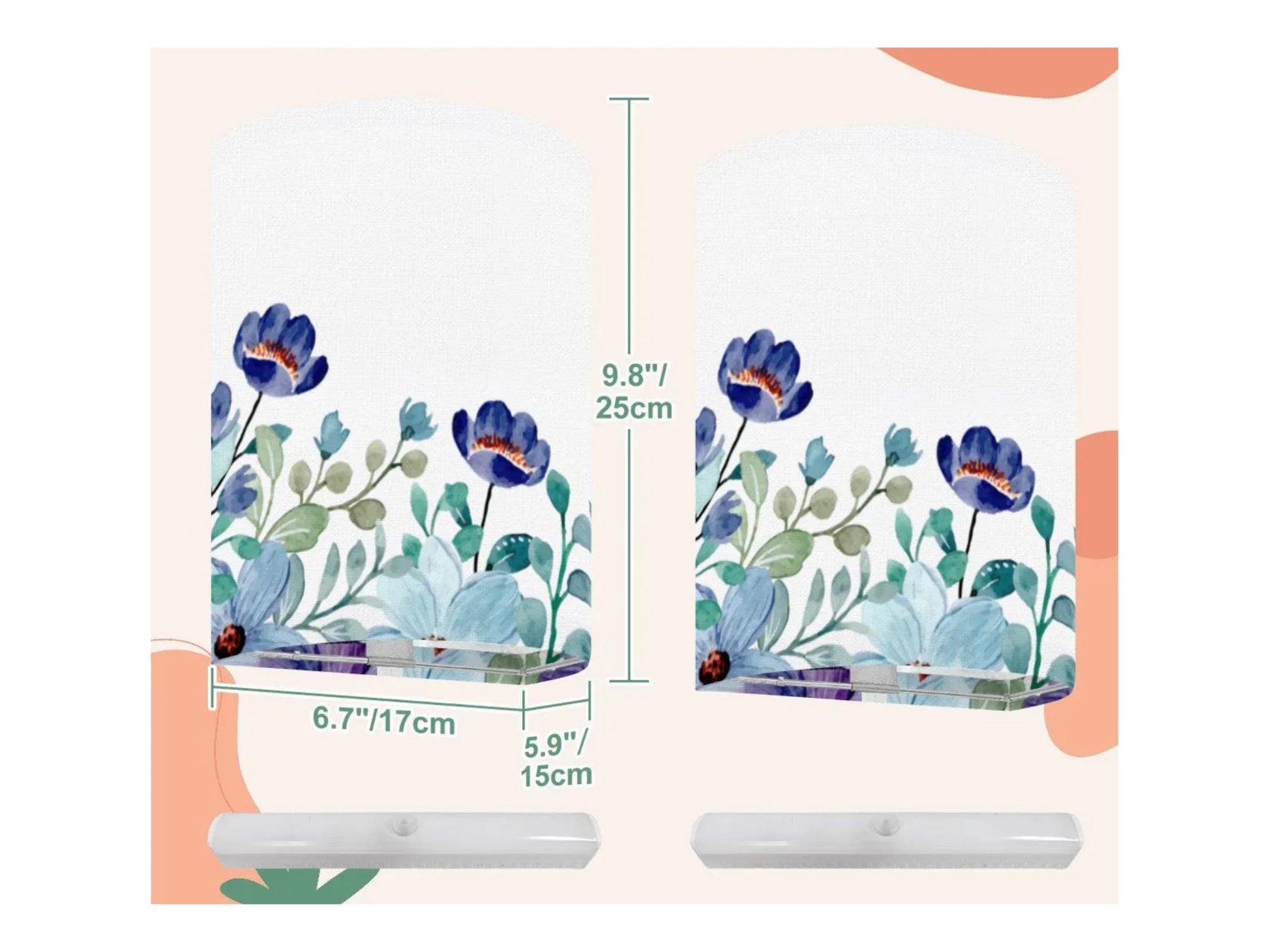 Wireless Wall Sconce Set of 2 Blue Floral Battery Operated Wall Light Decorative Indoor LED Wall Lamp Modern Farmhouse Floral Wall Lighting