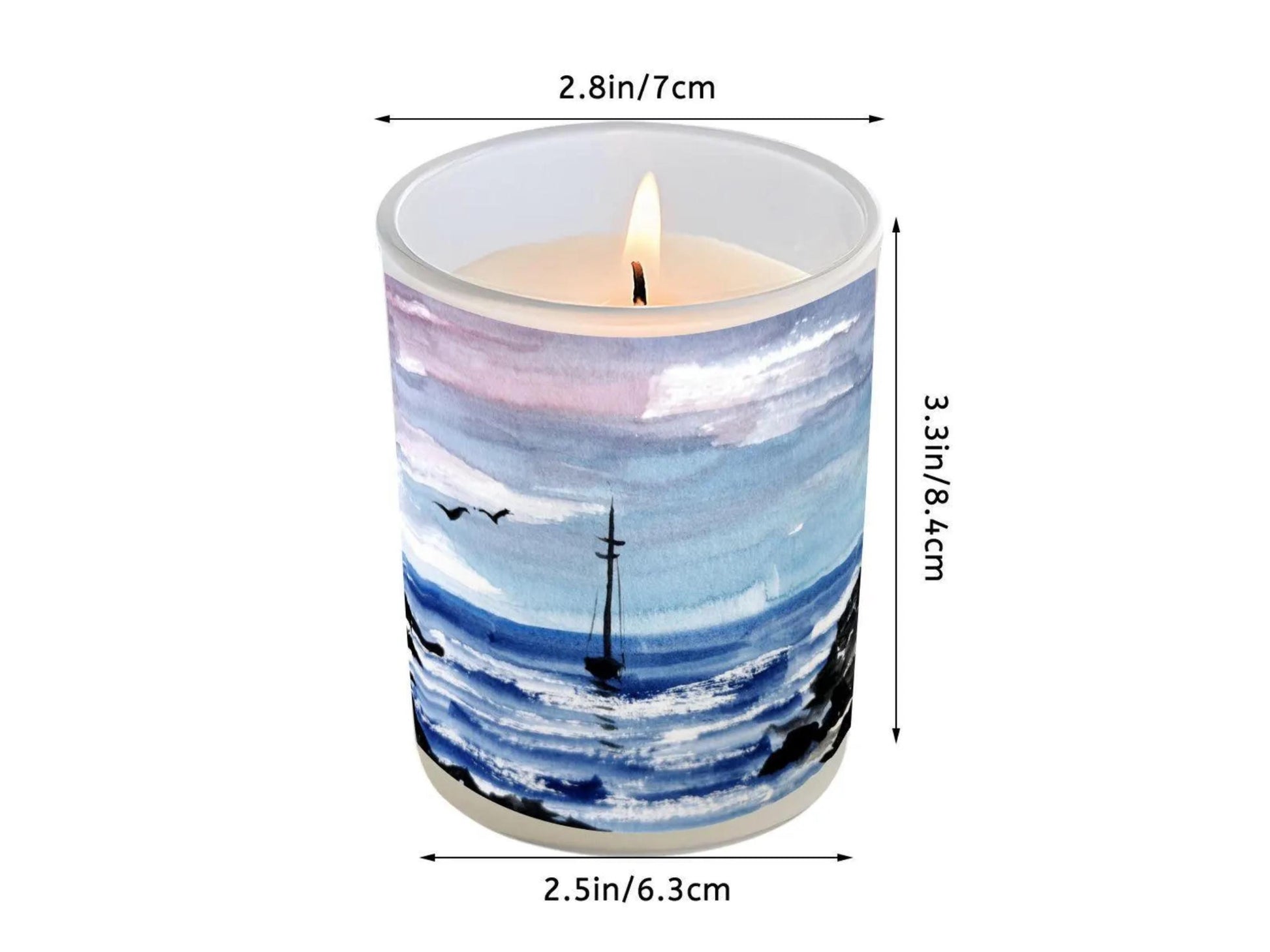 a candle with a sailboat design on it, and there are measurements provided next to it.