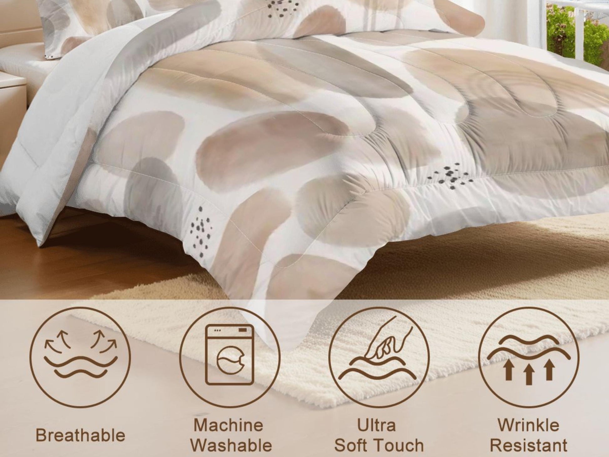 Comforter Set Neutral Organic Abstract Modern Minimal Bedding Cream Taupe Boho Bed Set Scandi Bedroom Decor King Queen Full Twin Pillowcase