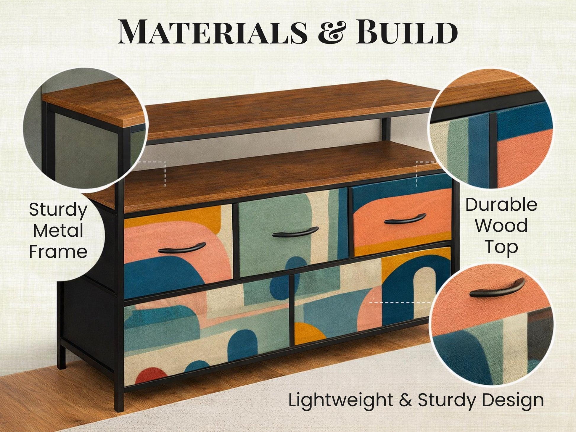 Made to Order Midcentury Modern TV Stand with Charging Station Colorful Abstract Drawer Media Console Mid Century Storage Cabinet Furniture