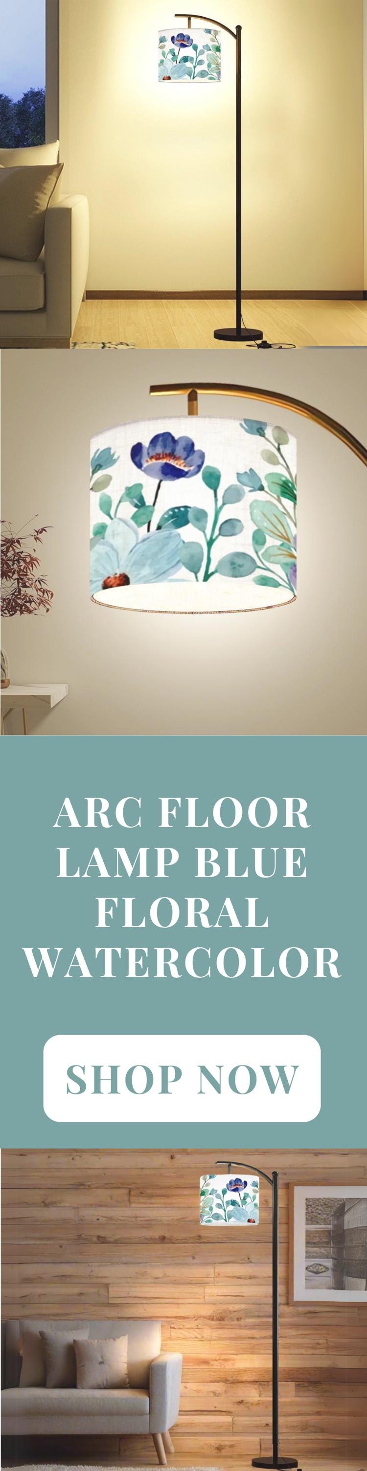 Arc Floor Lamp Modern Watercolor Blue Floral Living Room Lamp Gift Housewarming Gift Wildflower Design Bedroom Lighting Floor Lamp Gift Idea
