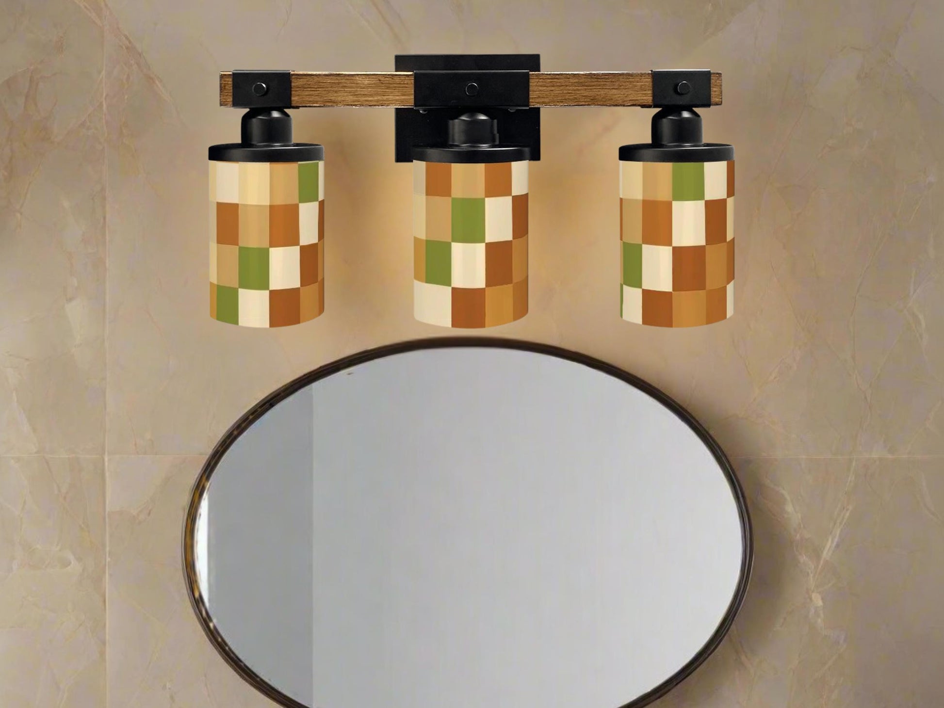 Luxury Bathroom Lighting MCM Vanity Light Fixture 3-Light Decorative Metal & Glass Restroom Light Midcentury Modern Checkers Over Sink Decor