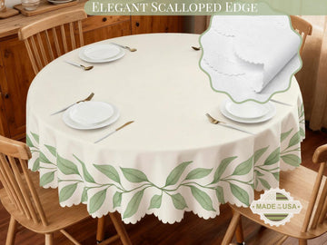 Tablecloth With Green Leaf Border and Scalloped Edge Lace Details Design Spill-Proof Dining Washable Fabric Table Cloth For Kitchen Table