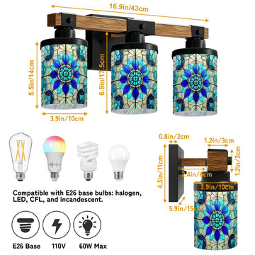 Blue and Teal Floral Stained-Glass-Style Three-Light Vanity Fixture