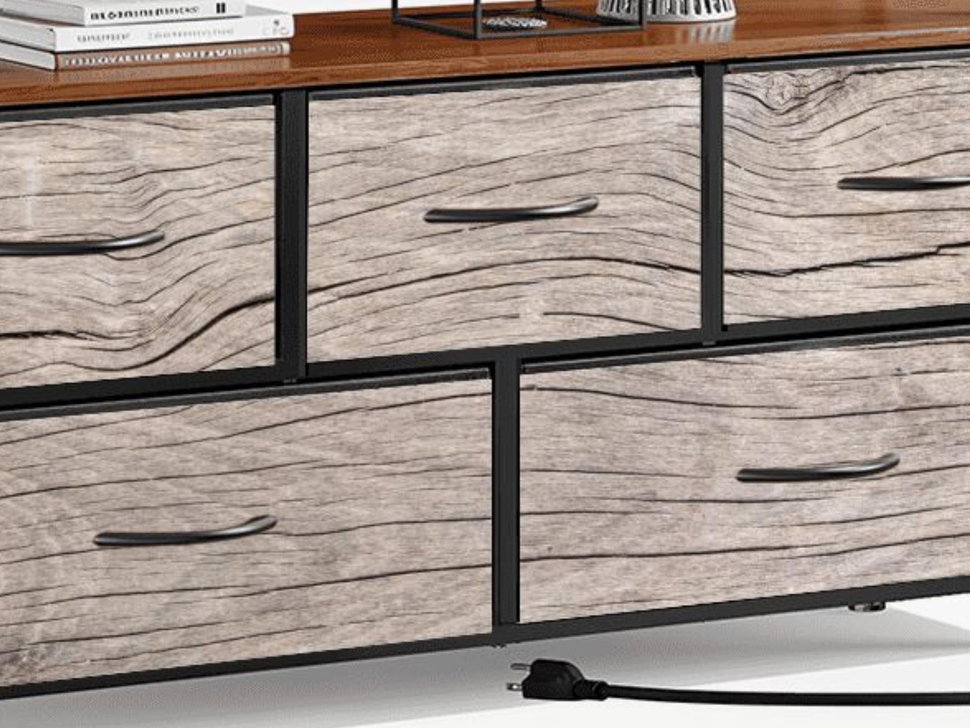 TV Stand With Drawers Driftwood Coastal Effect Decorative Fabric Drawers Bedroom Chest of Drawers Beach Theme Modern Plug & Charging Station