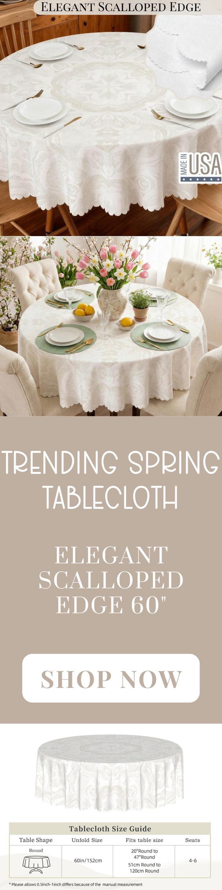 Tablecloth Round 60in Ivory With Scalloped Edge Lace Affect Details For Dining Room Spill-Proof Spring Washable Fabric Table Cloth Dinner