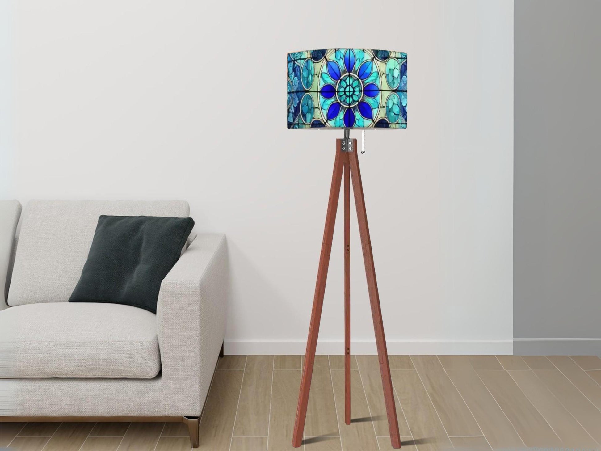 Floor Lamp Tripod Mid Century Wood Tall Lamp Linen Shade Stained Glass Effect Solid Wood Tall Lamp Housewarming Gift Living Room Decor Lamp