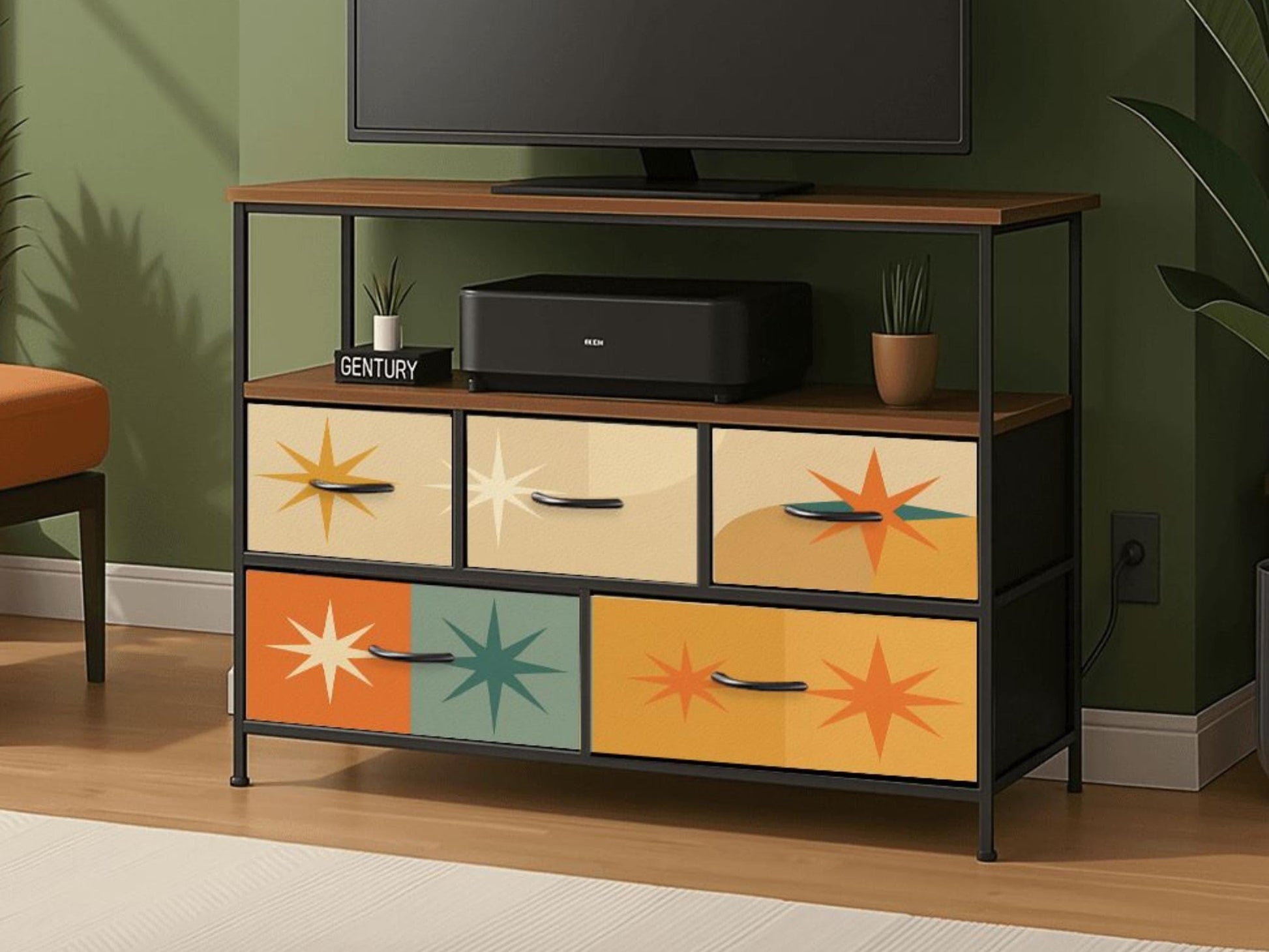 TV Stand With Drawers MCM Franciscan Starburst Decorative Fabric Drawers Bedroom Chest of Drawers Midcentury Modern Plug and Charging Port