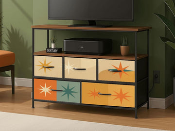 TV Stand With Drawers MCM Franciscan Starburst Decorative Fabric Drawers Bedroom Chest of Drawers Midcentury Modern Plug and Charging Port