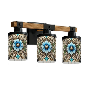 Blue Floral Scrollwork Stained-Glass-Style Three-Light Vanity Fixture