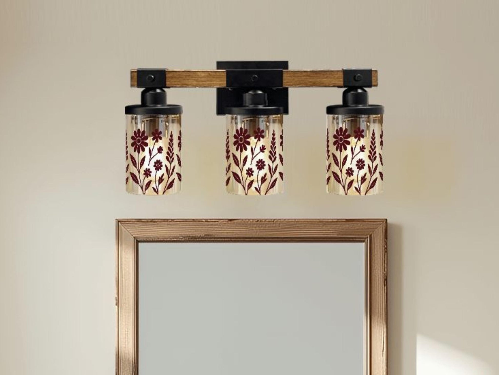 Luxury Bathroom Lighting Modern Vanity Light Fixture 3-Light Decorative Metal and Glass Restroom Light Red Merlot Wildflower Over Sink Decor
