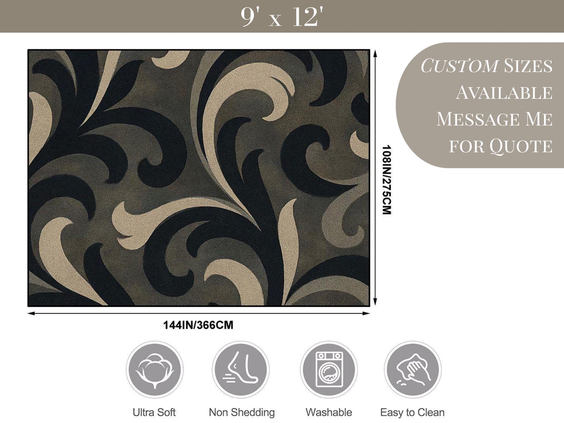 The image is a large rug with a black and white swirl pattern. It is described as an " Ultra Soft" rug, "Non Shredding" rug, and "Washable" rug. The rug is available for a quote, and it is described as a custom style. The rug is shown in a photograph, and the dimensions are provided.