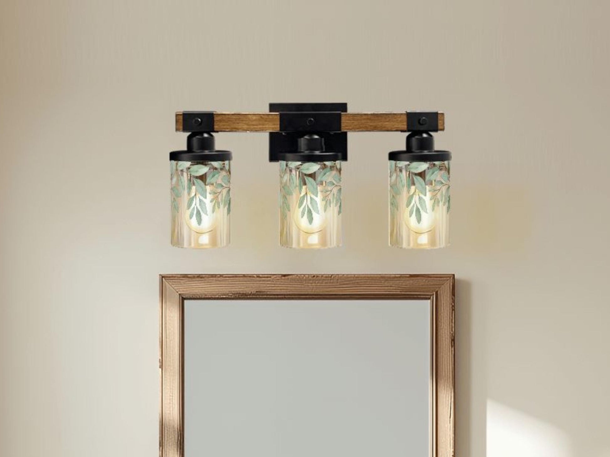 Luxury Bathroom Lighting Botanical Vanity Light Fixture 3-Light Decorative Metal & Glass Restroom Lights Green Leaves Light Over Sink Decor