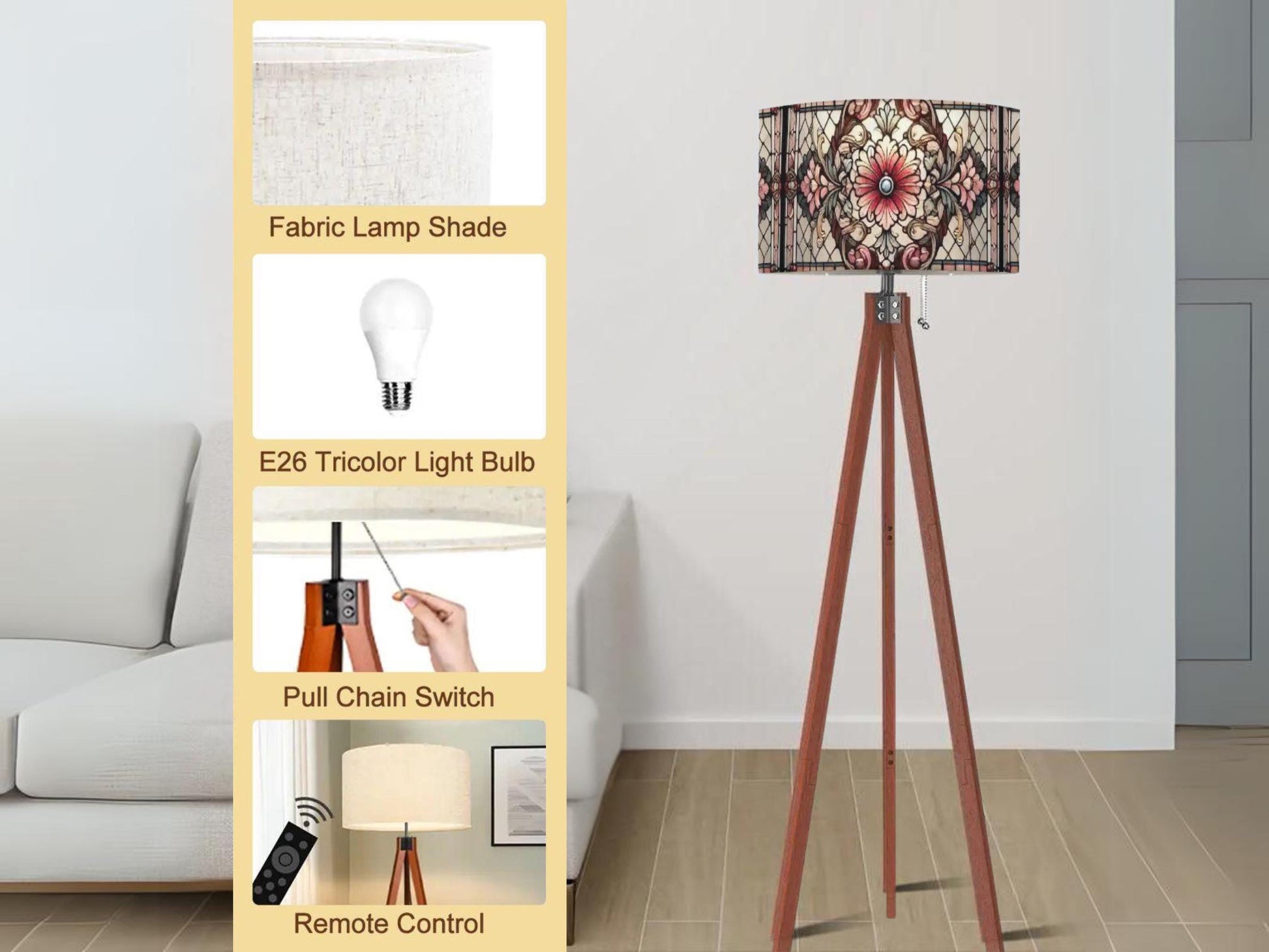 Floor Lamp Mid Century Wood Tripod Tall Lamp Solid Wood Linen Shade Stained Glass Effect Tall Lamp Housewarming Gift Living Room Decor Lamp