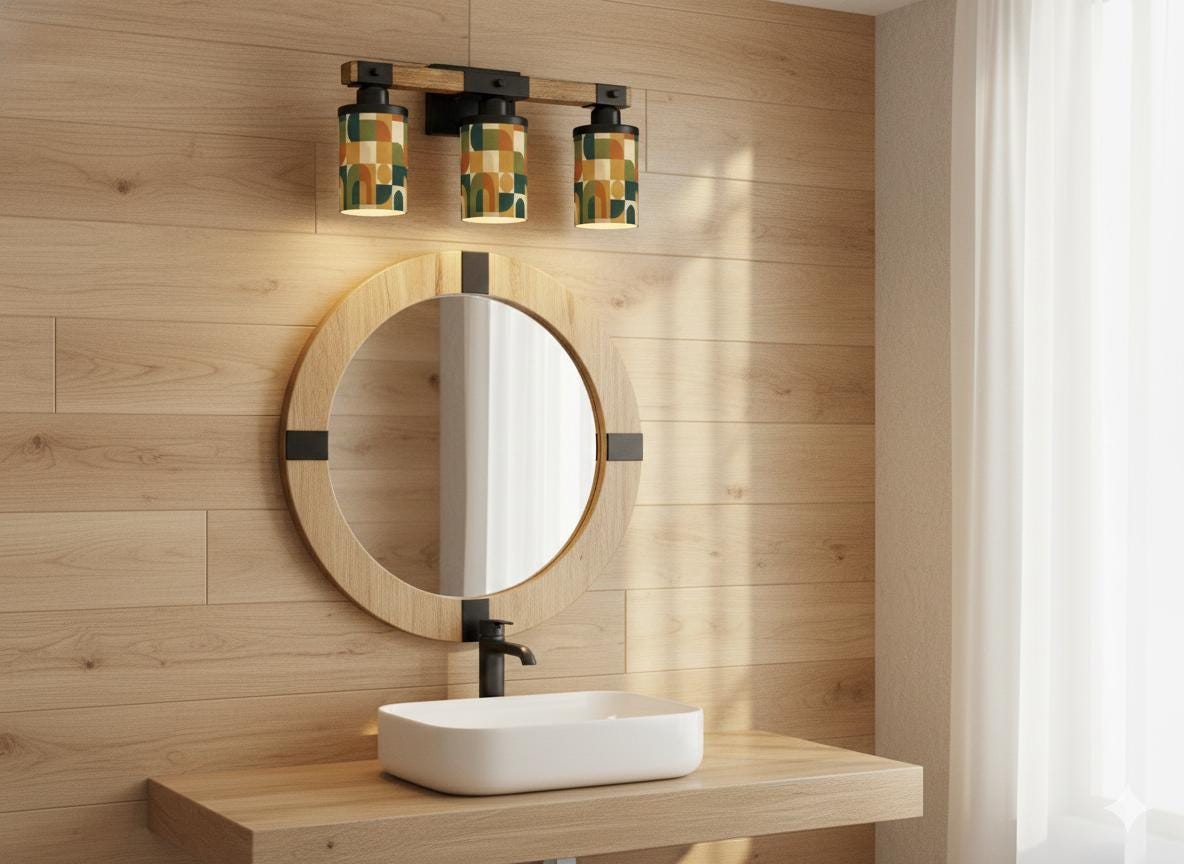 MCM Luxury Bathroom Lighting Vanity Light Fixture 3-Light Decorative Metal and Glass Restroom Light Midcentury Modern Brown Over Sink Decor
