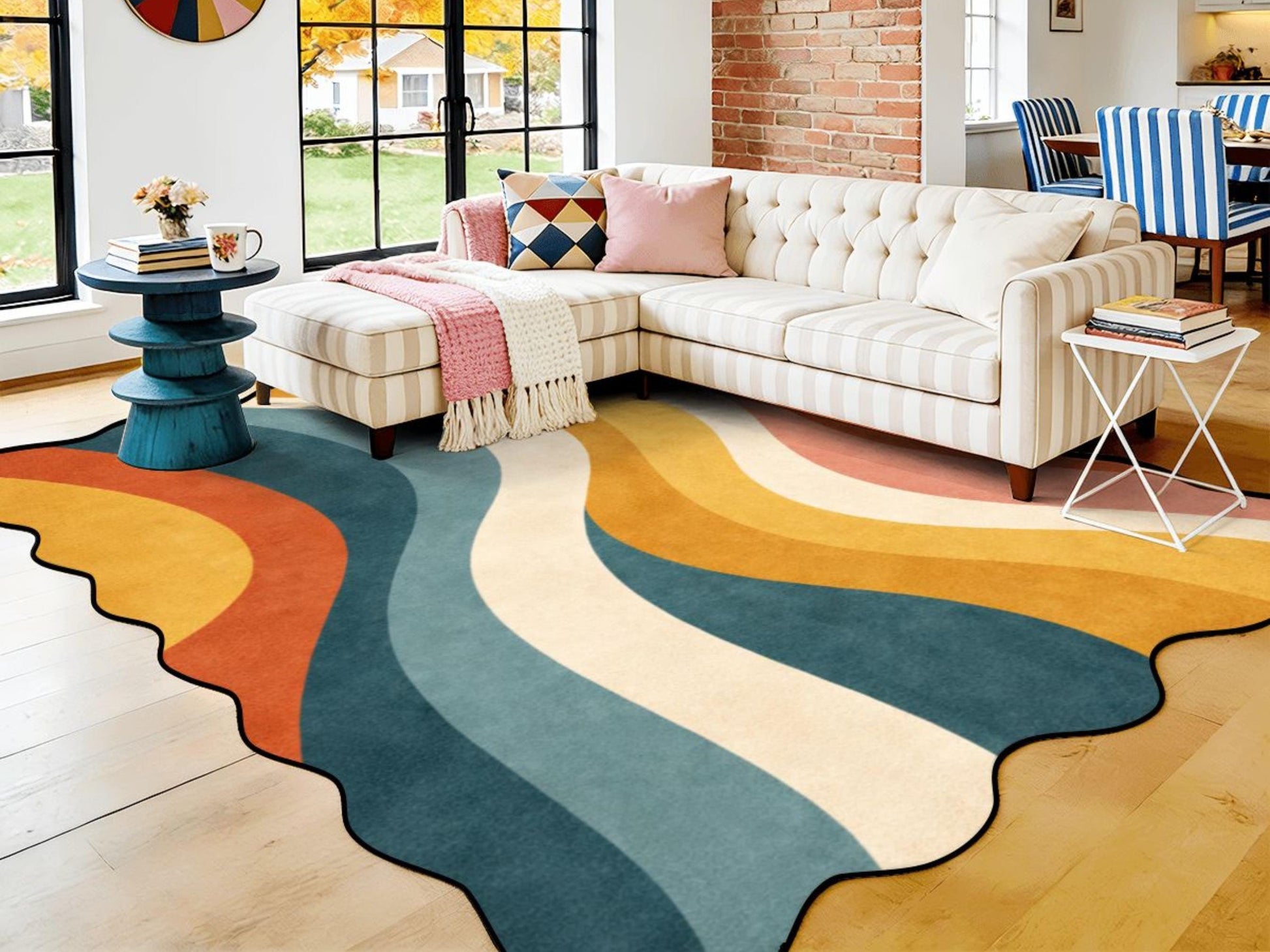 Mid Century Modern Scalloped Rug Retro Wave Area Rug Organic Abstract Color Block Rug Modern Living Room Statement Rug Wavy Stripe MCM Rug