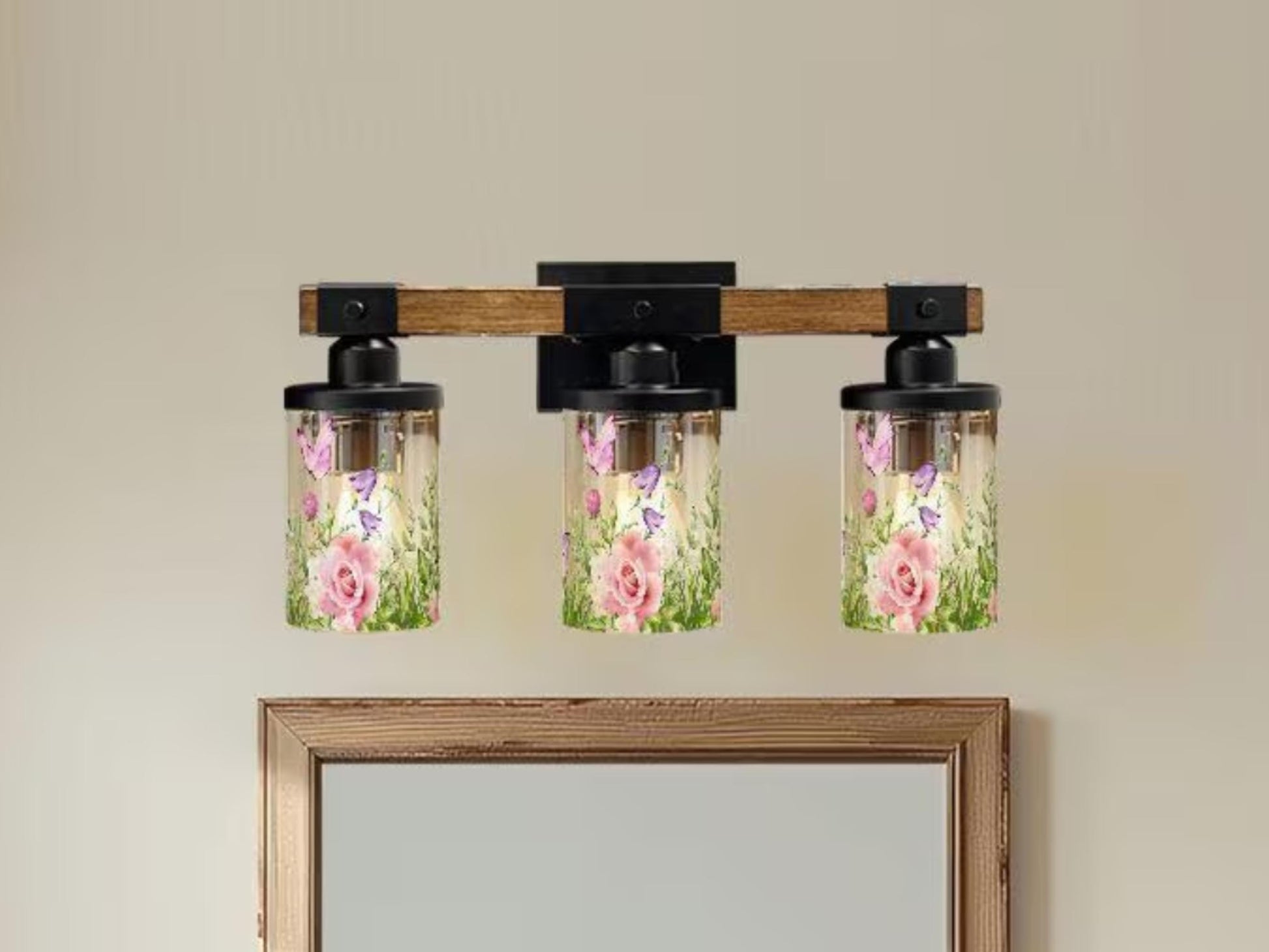 Bathroom Lighting Farmhouse Vanity Light Fixture Butterfly and Floral 3-Light Luxury Bathroom Metal and Glass Restroom Light Over Sink Decor