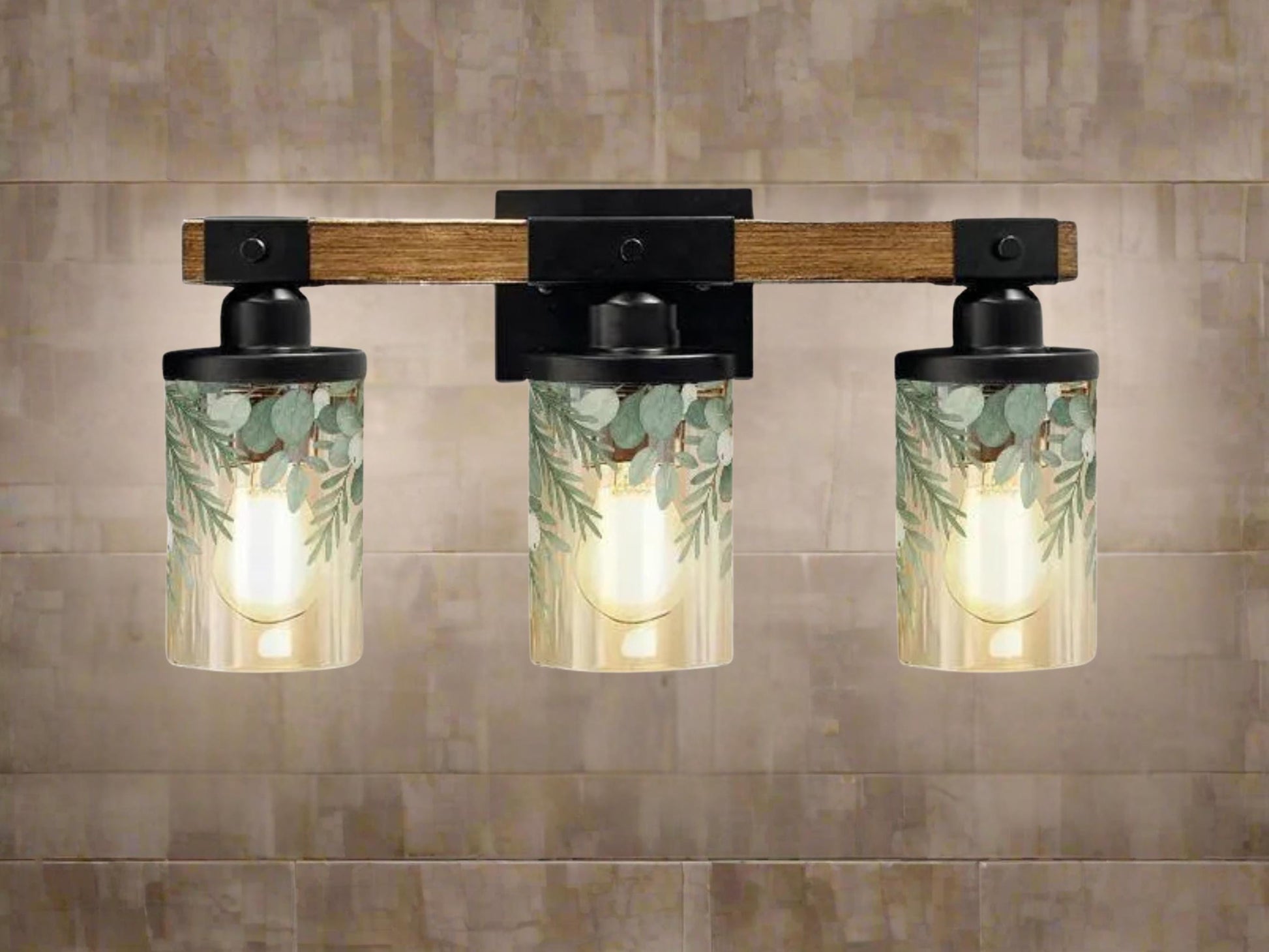 Bathroom Light Fixture Green Vanity Lighting  3-Light Decorative Metal & Glass Restroom Light Sage Greenery Pink Leaves Over Sink Decor