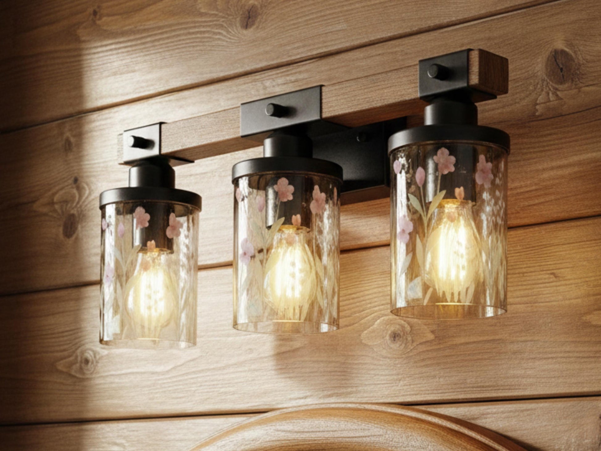 Luxury Bathroom Vanity Light Fixture 3-Light Watercolor Spring Floral Farmhouse Pink Flowers Metal and Glass Restroom Light Over Sink Decor