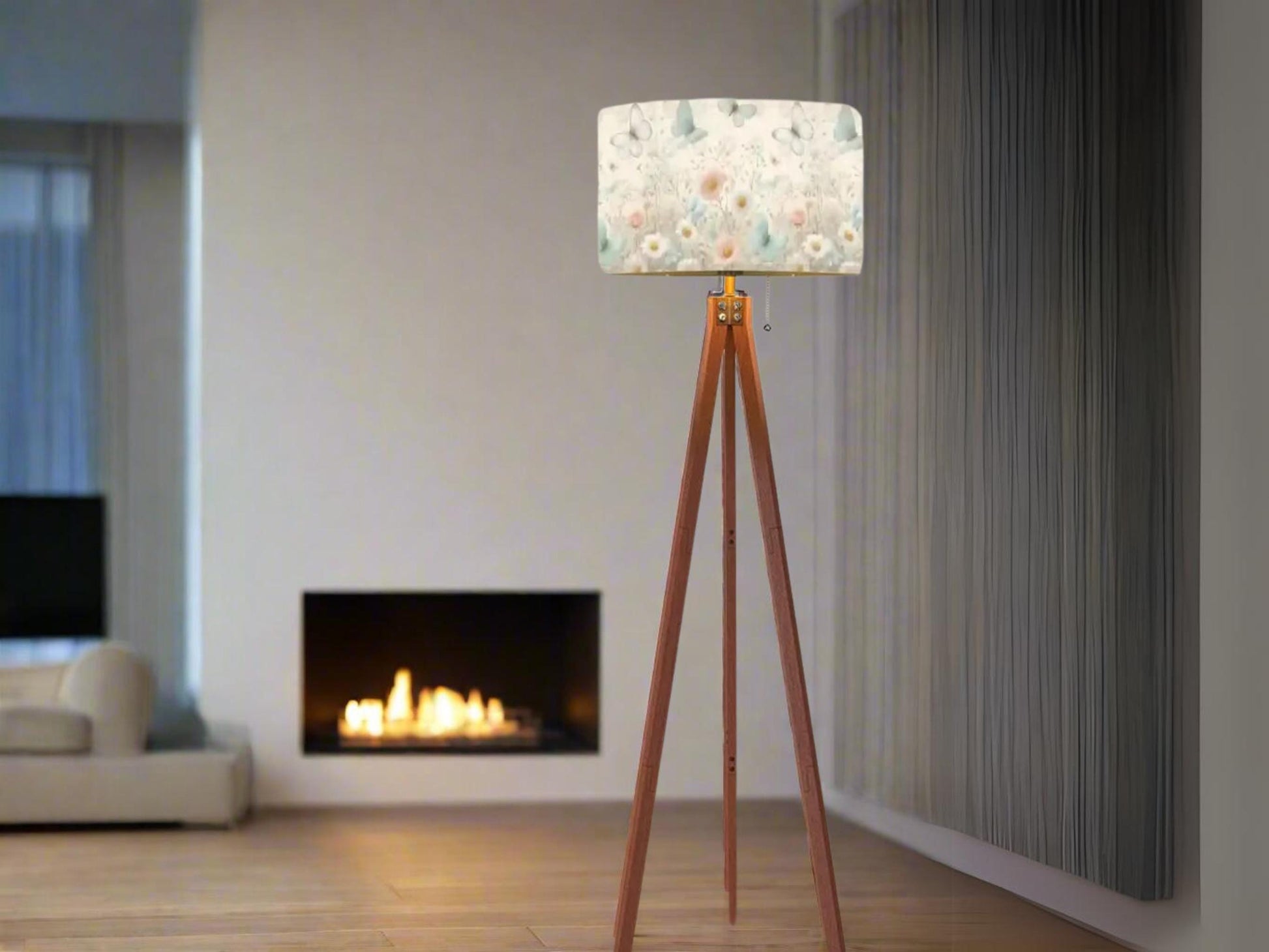 Floor Lamp Wood Tripod Tall Lamp Solid Wood Round Linen Shade Mid Century Floral Tall Lamp Housewarming Gift Living Room Lighting Decor Lamp