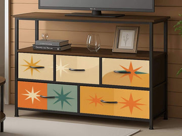 TV Stand With Drawers MCM Franciscan Starburst Decorative Fabric Drawers Bedroom Chest of Drawers Midcentury Modern Plug and Charging Port