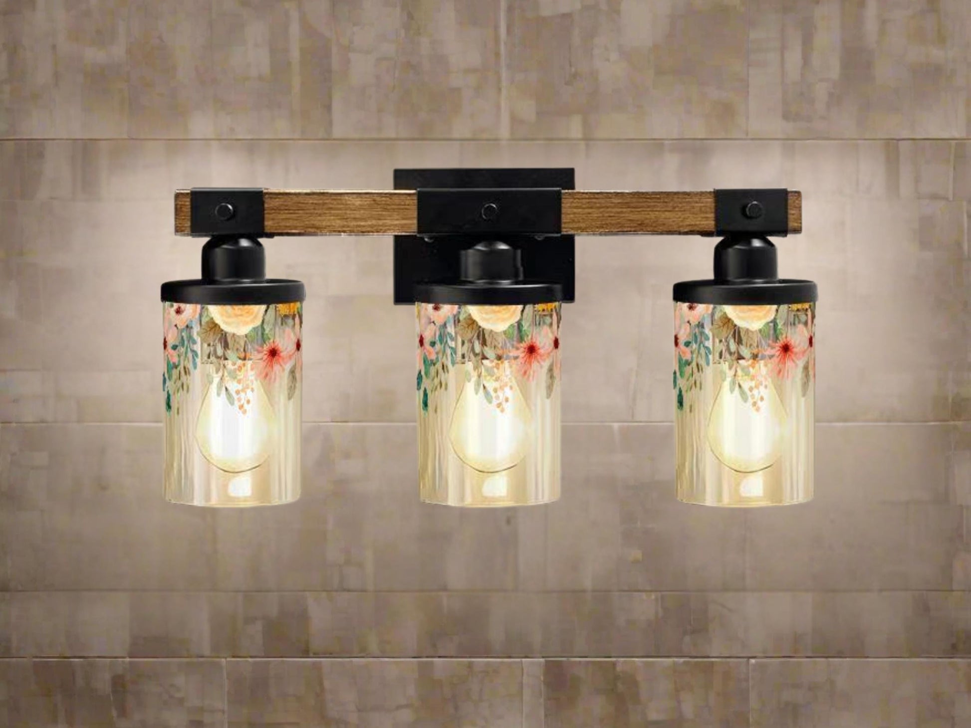 Vanity Light Fixture 3-Light Watercolor Floral Farmhouse Luxury Bathroom Lighting Flowers Metal and Glass Restroom Light Over Sink Decor