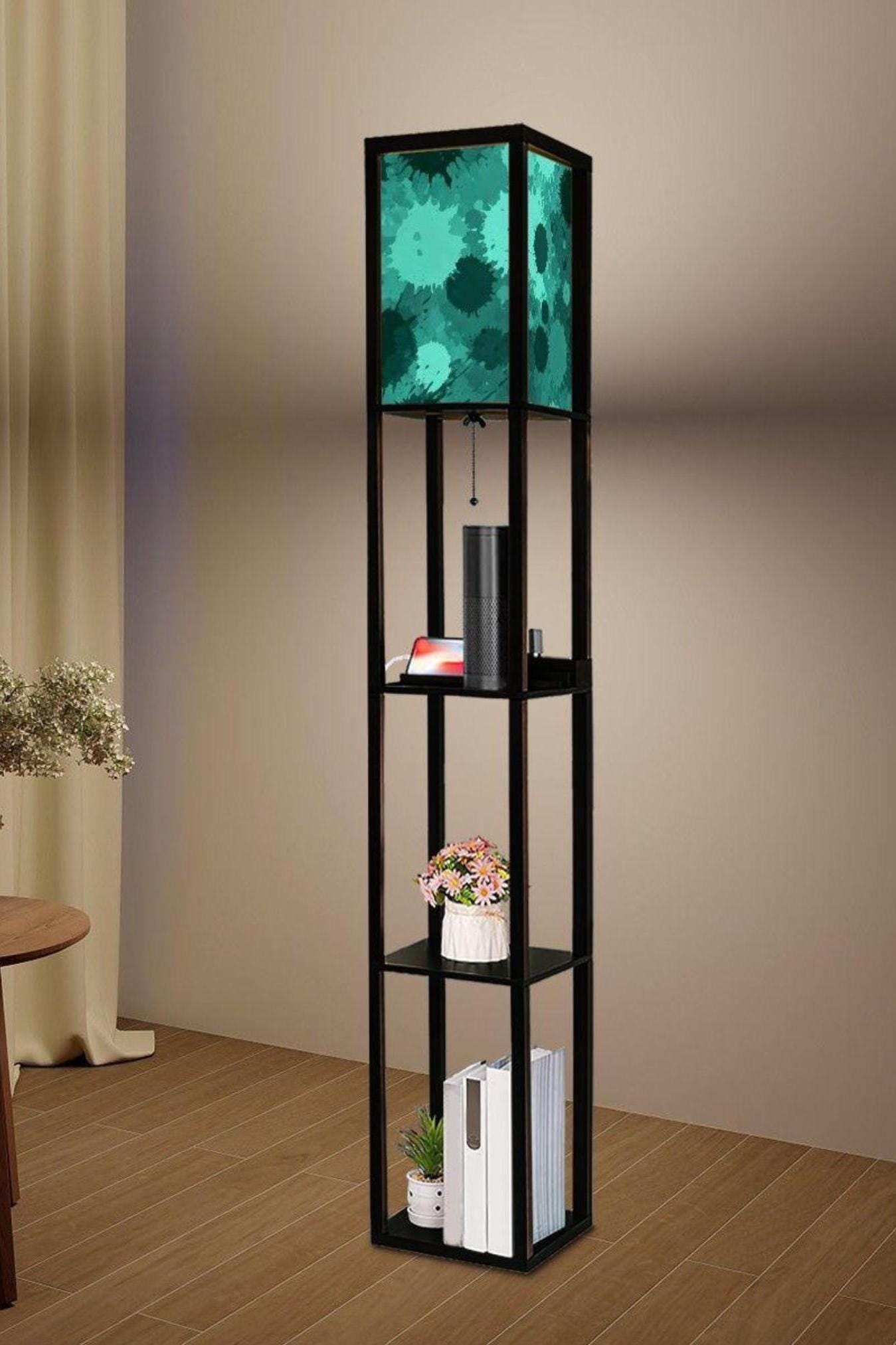 Floor Lamp Wooden Shelves Teal USB Floor Lamp Living Room Lighting Made in USA Floor Lamp With 3 Shelves Bedroom Lighting for Living Room