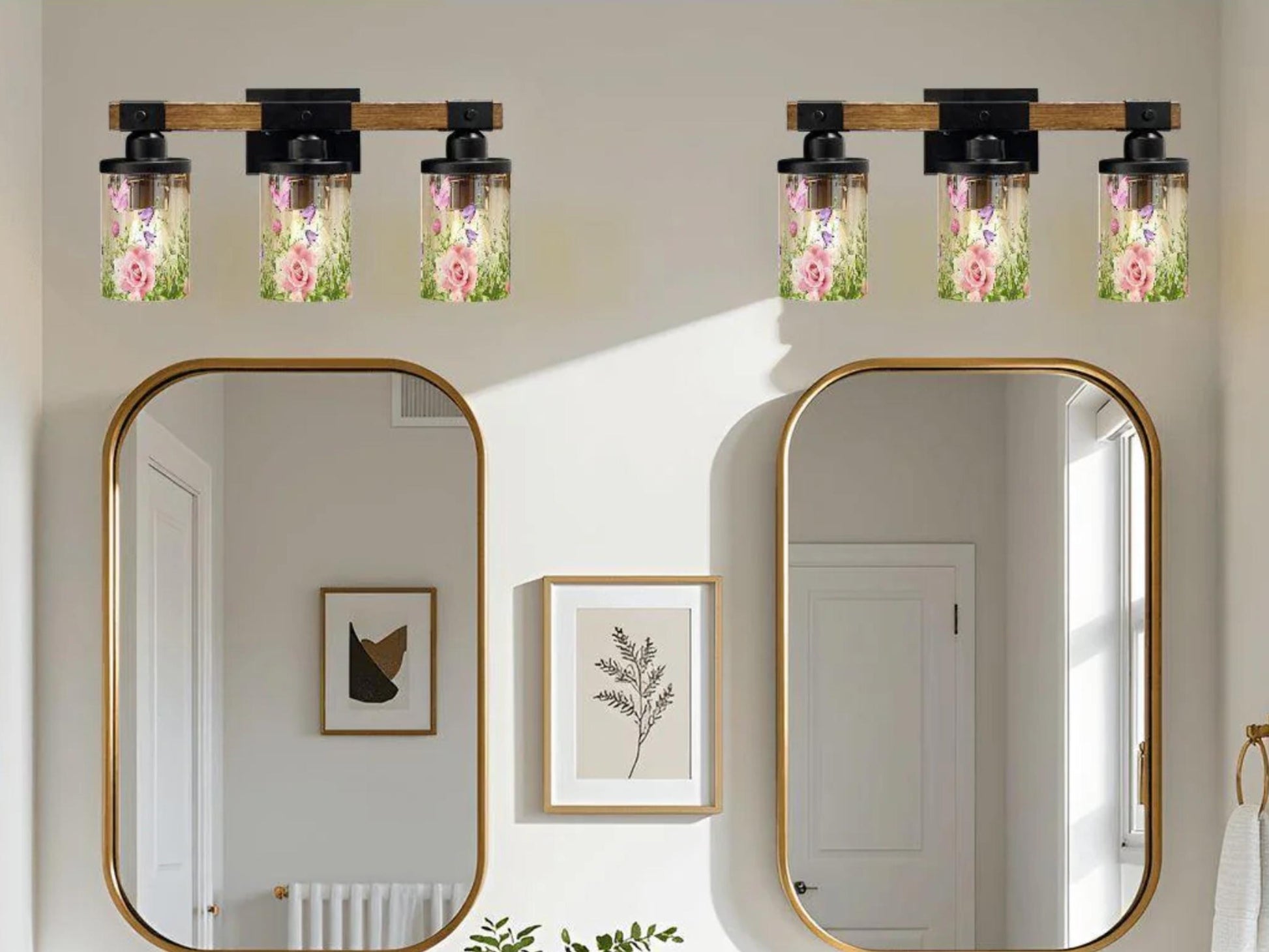 Bathroom Lighting Farmhouse Vanity Light Fixture Butterfly and Floral 3-Light Luxury Bathroom Metal and Glass Restroom Light Over Sink Decor