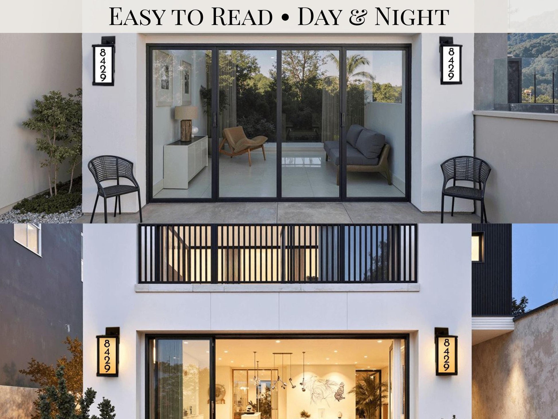 The image is a collage of two photos of a modern home. The top photo shows a living room with a sofa, chair, and a glass door, while the bottom photo shows a balcony with a railing and a glass door. The text above the top photo reads "Easy to Read - DAY & NIGHT", and the text above the bottom photo reads "Easy to Read - DAY & NIGHT".