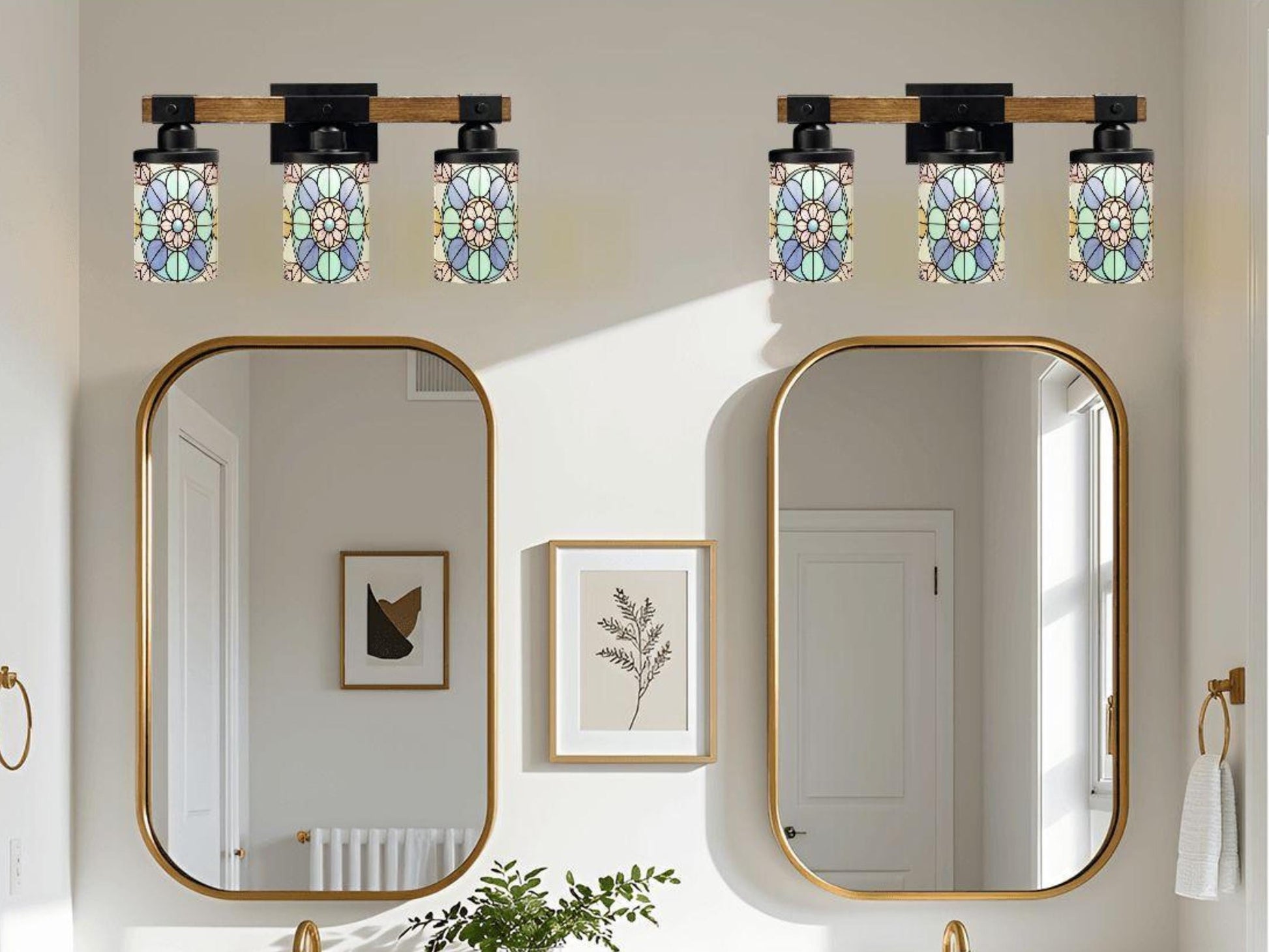 3 Light Vanity Light Fixture Stained Glass Affect Luxury Bathroom Lighting Modern Pattern Metal and Glass Restroom Light Over Sink Decor