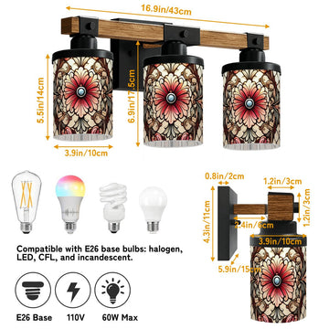 Rose Medallion Stained-Glass-Style Three-Light Vanity Fixture