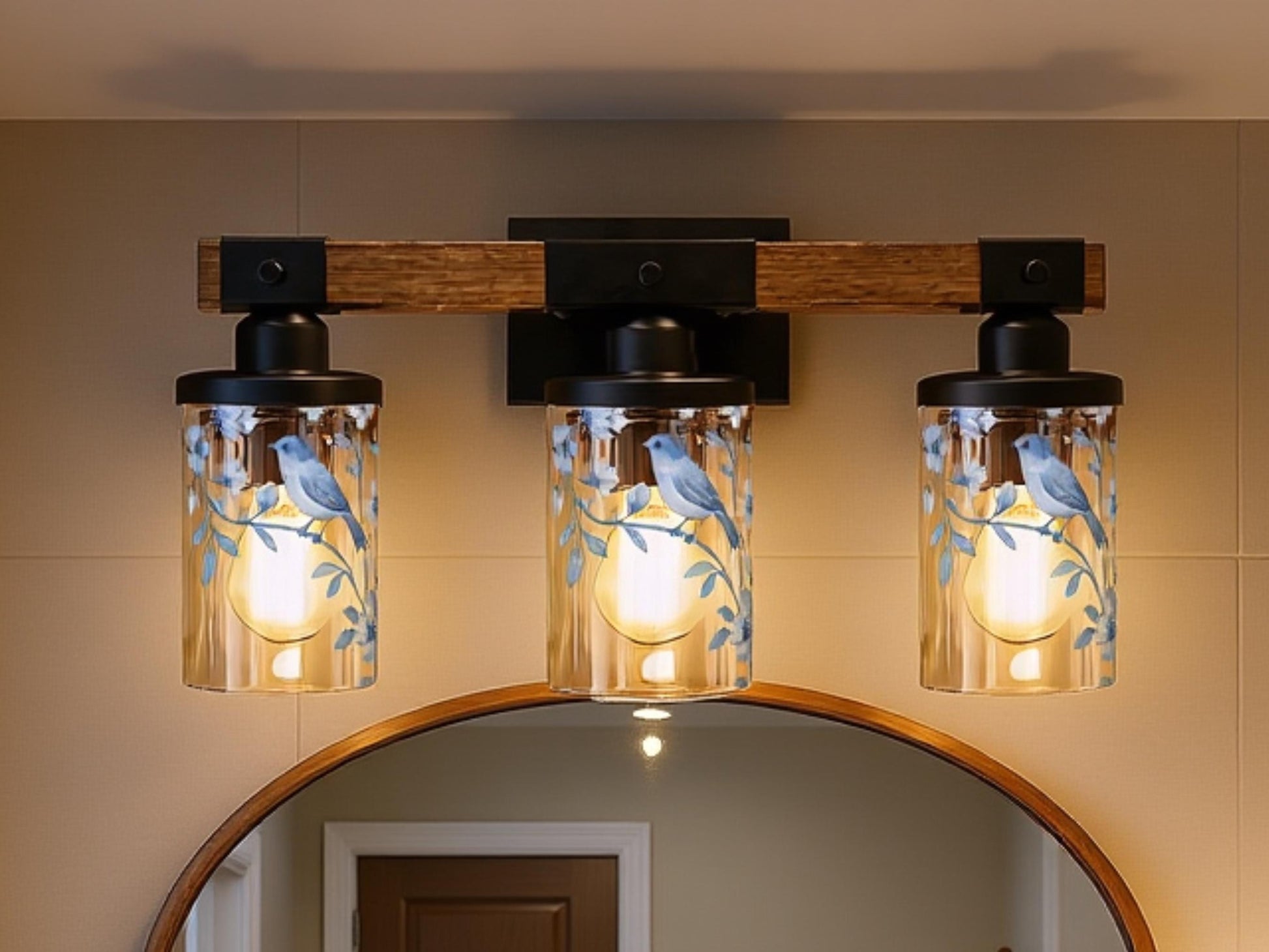 Luxury Bathroom Lighting Chinoiserie Vanity Light Fixture 3-Light Decorative Metal and Glass Restroom Light Toile Bird Light Over Sink Decor