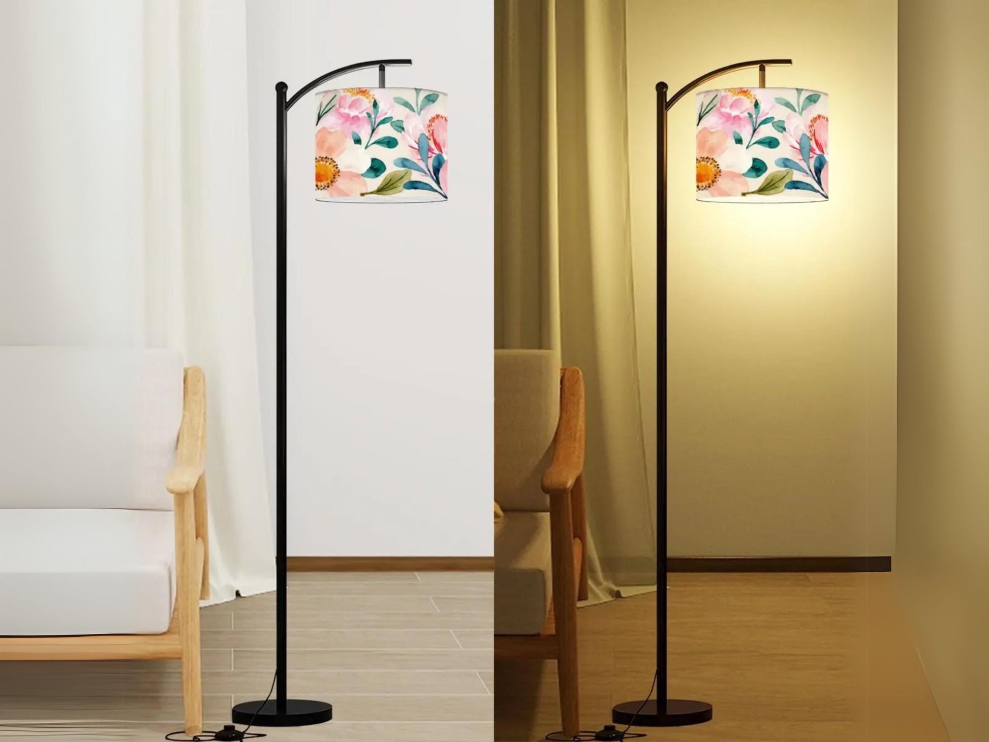Floor Lamp Arc Living Room Lamp Gift Modern Watercolor Floral Housewarming Present Idea Wildflowers Design Bedroom Lighting Floor Lamp Gift