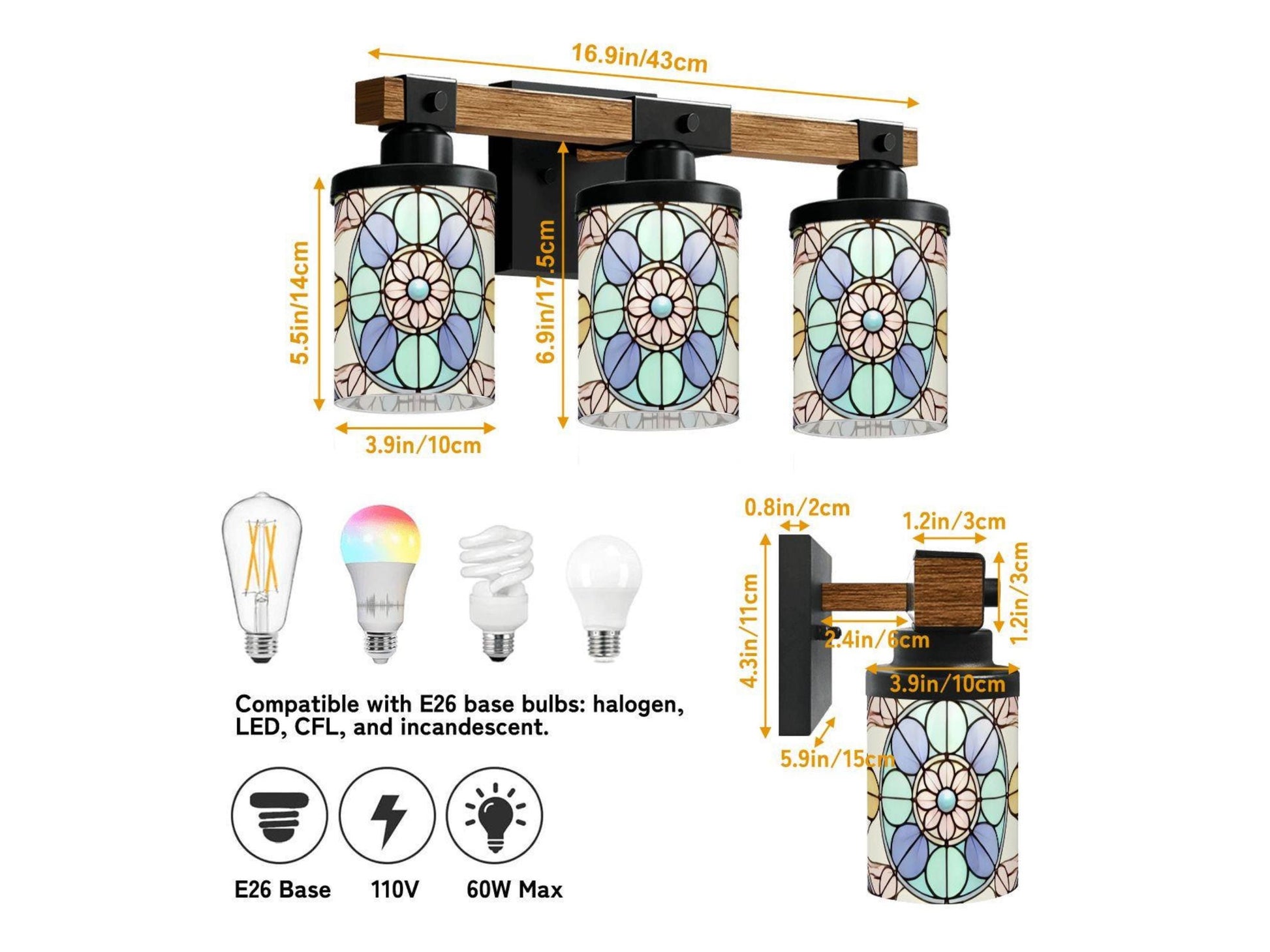 3 Light Vanity Light Fixture Stained Glass Affect Luxury Bathroom Lighting Modern Pattern Metal and Glass Restroom Light Over Sink Decor