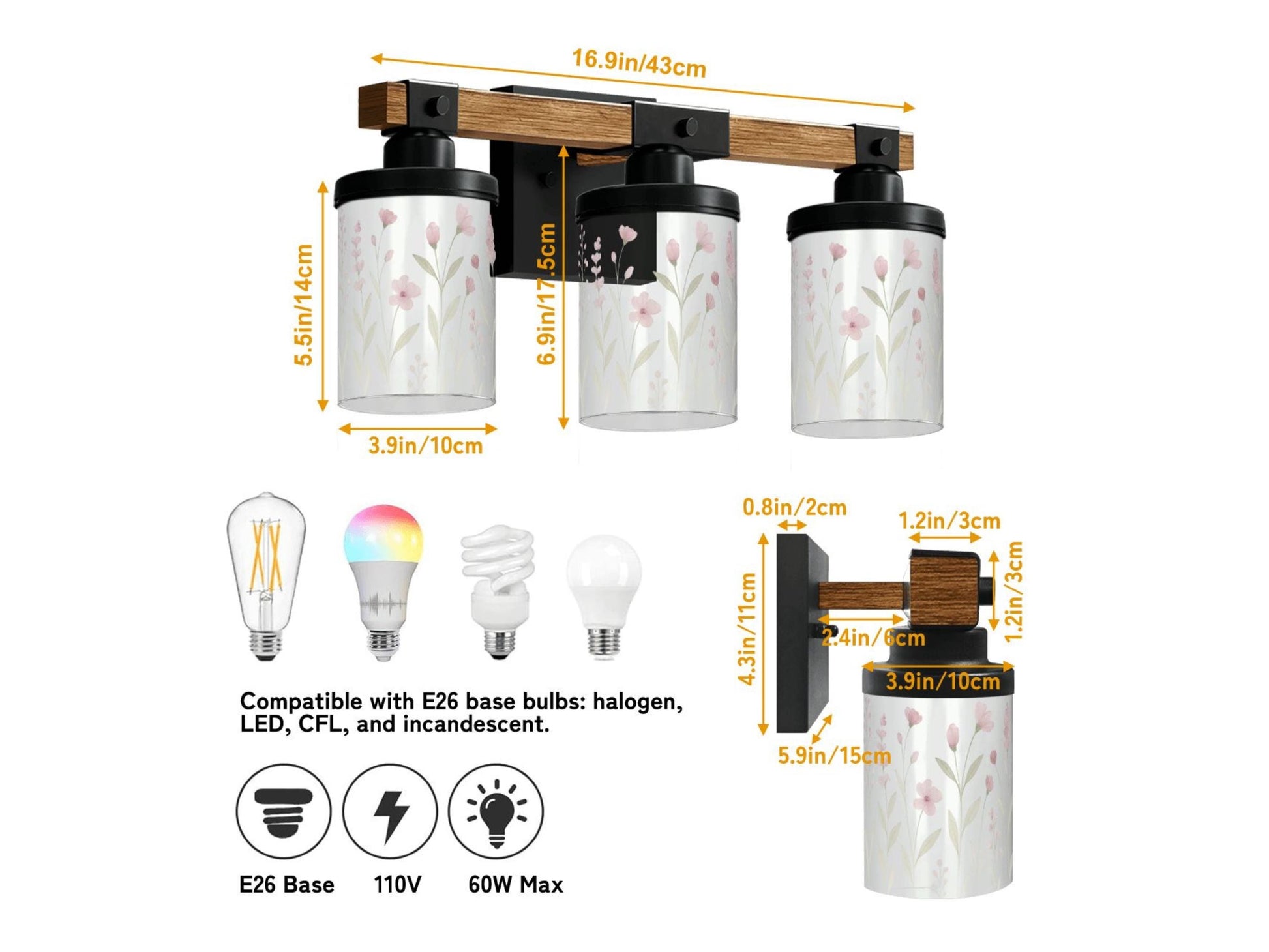 Luxury Bathroom Vanity Light Fixture 3-Light Watercolor Spring Floral Farmhouse Pink Flowers Metal and Glass Restroom Light Over Sink Decor