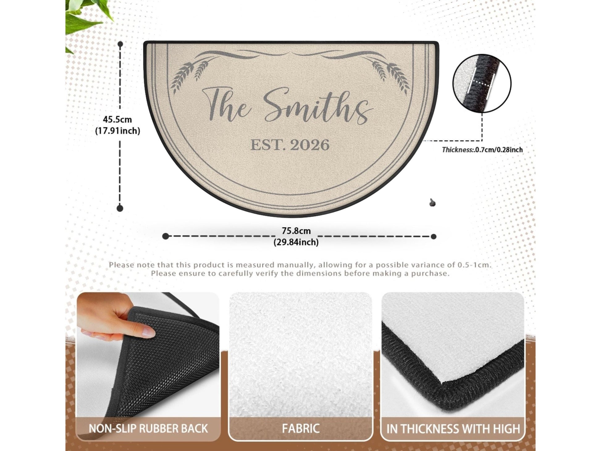 Custom Entryway Rug Welcome Mat Family Name Est Year Semi-Circle Minimalist Beige Carpet Accent Mat Rug Soft Short Pile Personalized Rug