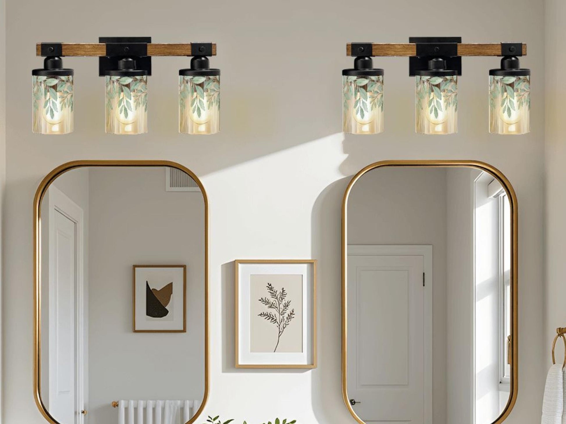 Luxury Bathroom Lighting Botanical Vanity Light Fixture 3-Light Decorative Metal & Glass Restroom Lights Green Leaves Light Over Sink Decor