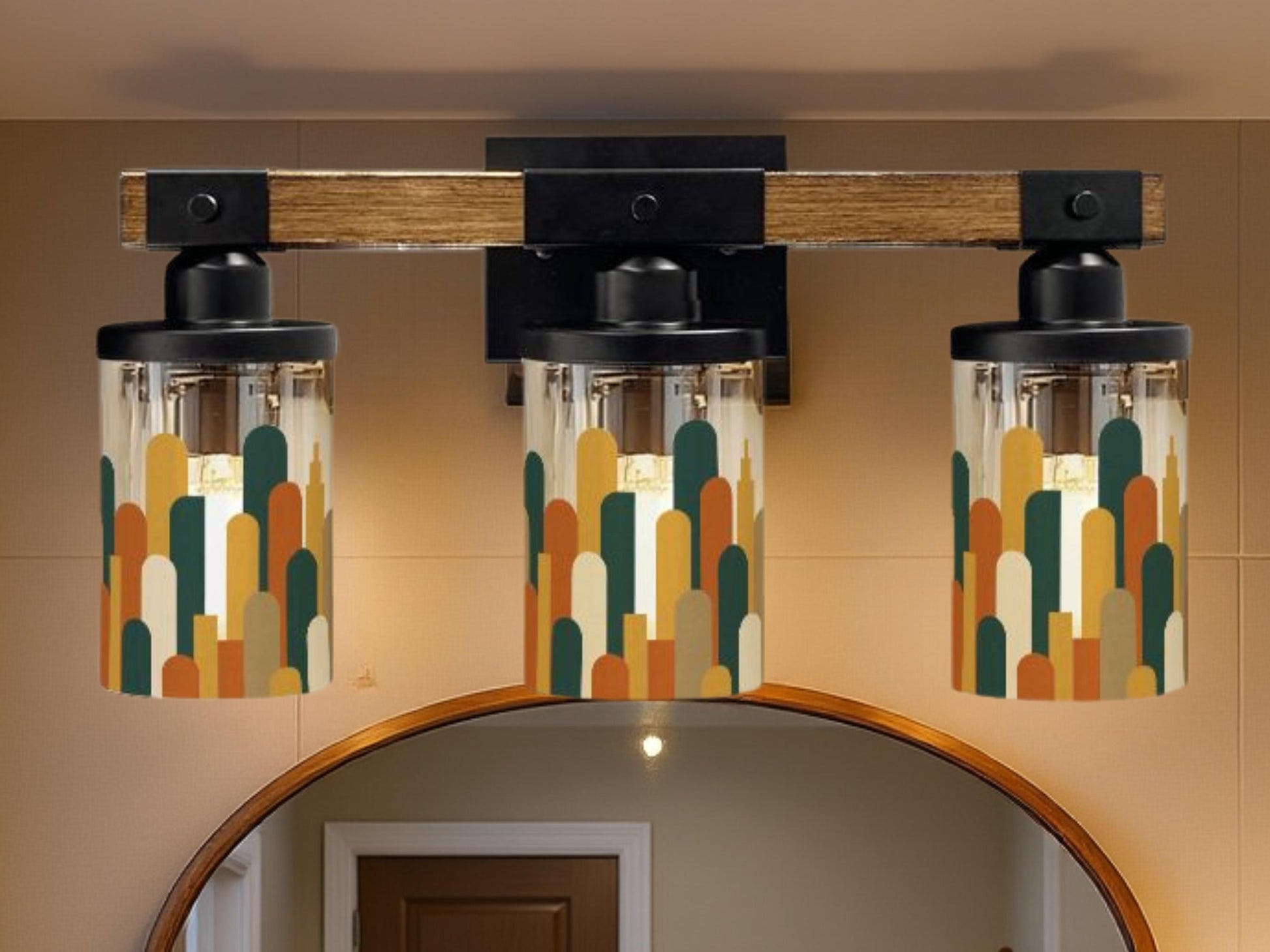 Luxury Bathroom Lighting MCM Vanity Light Fixture 3-Light Decorative Metal & Glass Restroom Light Midcentury Modern City Skyline Sink Decor