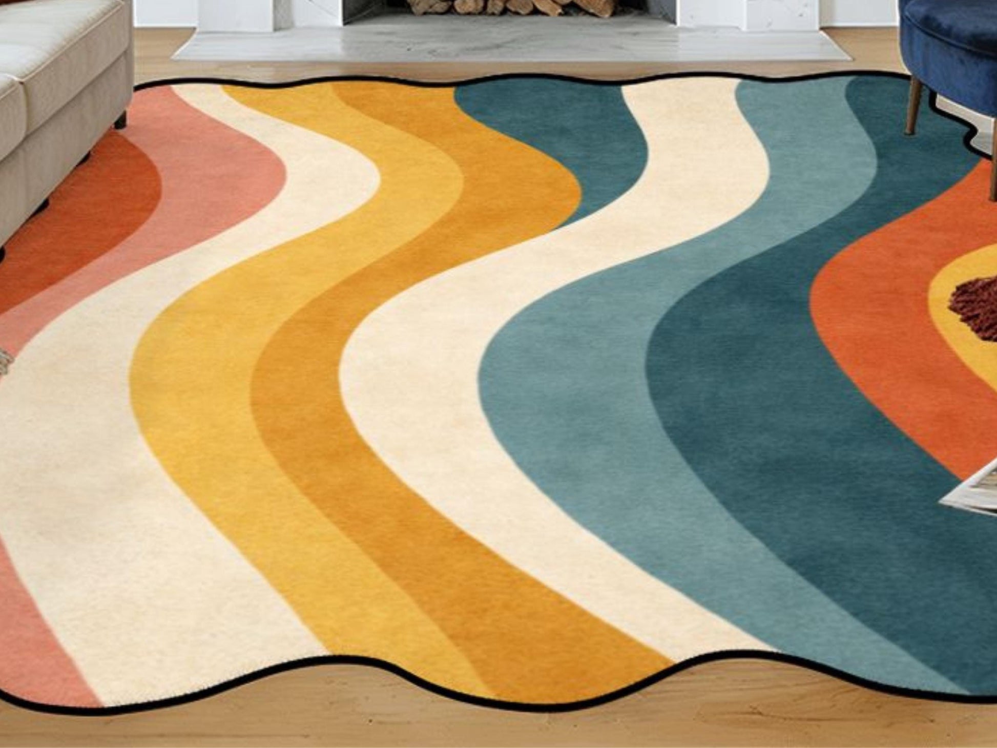 Mid Century Modern Scalloped Rug Retro Wave Area Rug Organic Abstract Color Block Rug Modern Living Room Statement Rug Wavy Stripe MCM Rug