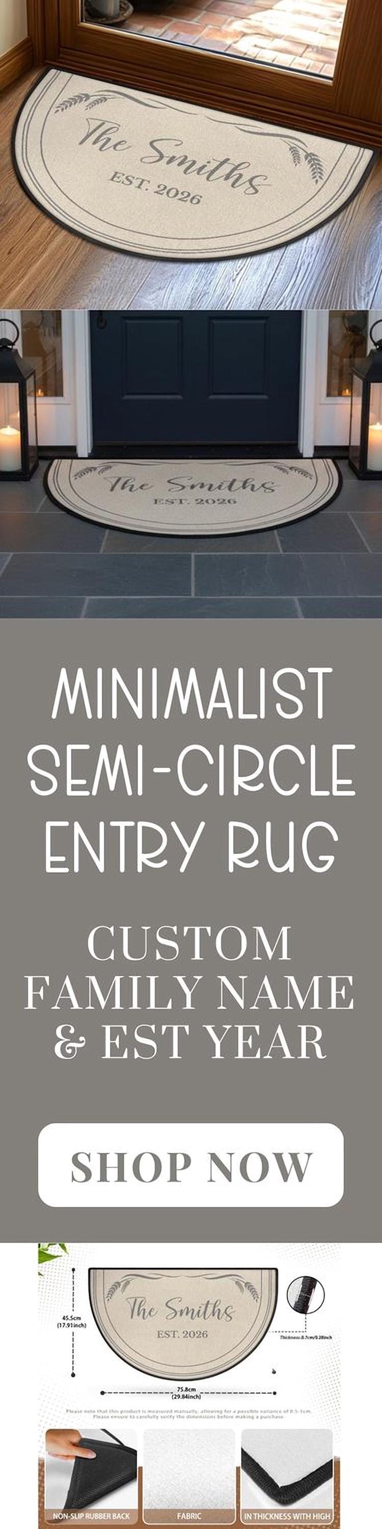 Custom Entryway Rug Welcome Mat Family Name Est Year Semi-Circle Minimalist Beige Carpet Accent Mat Rug Soft Short Pile Personalized Rug