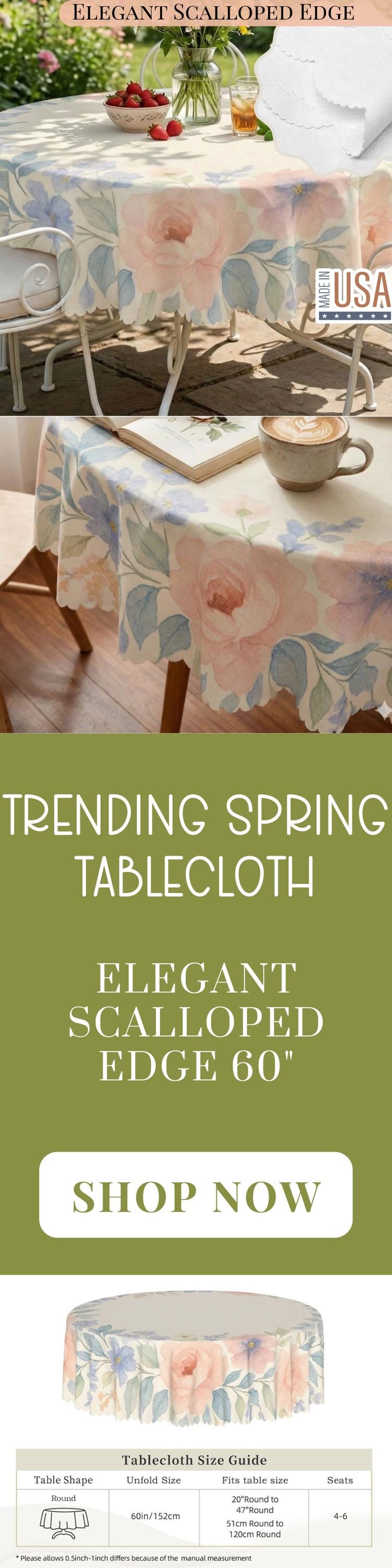 Tablecloth 60inch Spring Flowers Scalloped Edge Detail For Spring Spill-Proof Floral Washable Fabric Table Cloth For Family Dining Occasions
