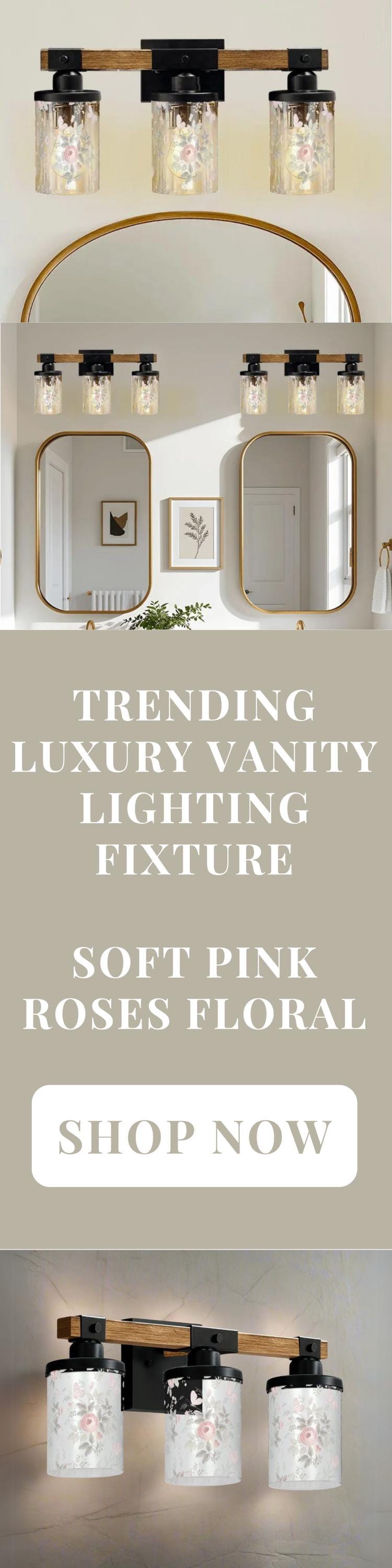 Luxury Bathroom Lighting Vanity Light Fixture 3-Light Watercolor Floral Farmhouse Roses Metal and Glass Restroom Light Over Sink Decor