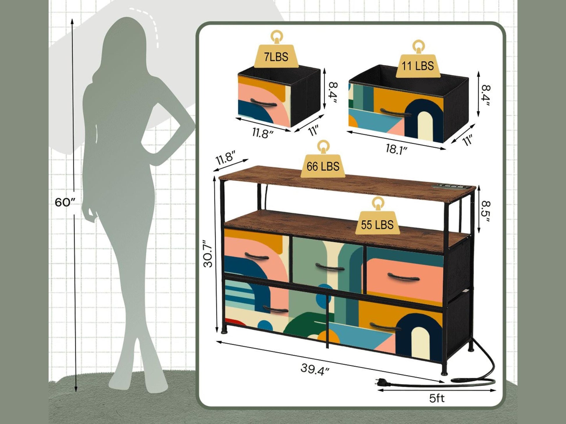 Made to Order Midcentury Modern TV Stand with Charging Station Colorful Abstract Drawer Media Console Mid Century Storage Cabinet Furniture