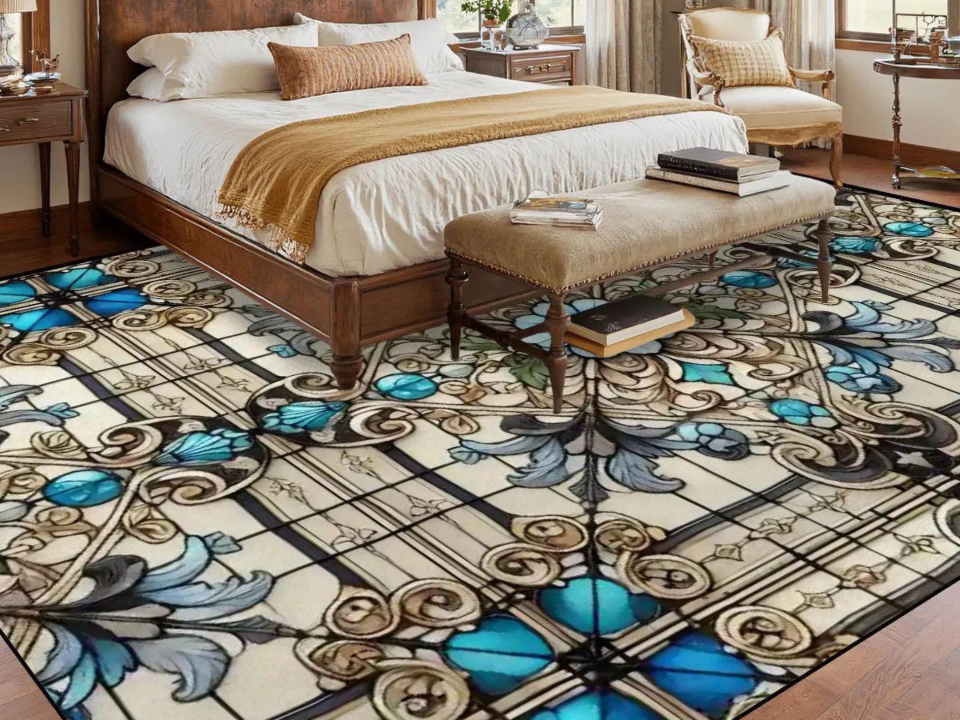 Custom Size Large Area Rug 8x10 Art Nouveau Living Room Rug Indoor Stained Glass Design Carpet 96in x 120in Family Room Rug Soft Short Pile