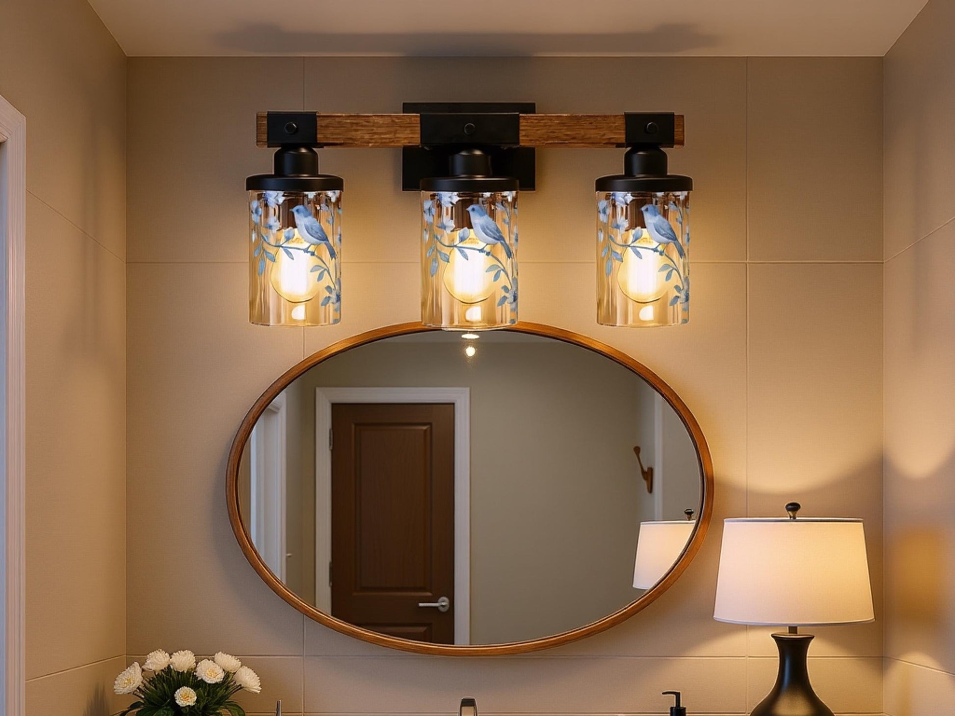 Luxury Bathroom Lighting Chinoiserie Vanity Light Fixture 3-Light Decorative Metal and Glass Restroom Light Toile Bird Light Over Sink Decor