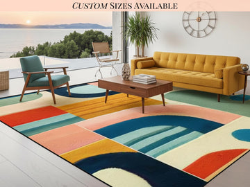 Large Area Rug Custom Size Midcentury Modern Living Room Rug Indoor MCM Design Carpet 96in x 120in Family Room Mid Mod Rug Soft Short Pile