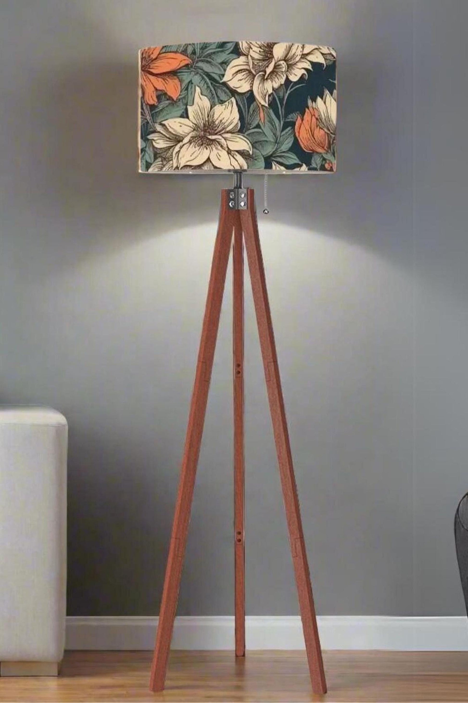 Floor Lamp Wood Tripod Tall Lamp Solid Wood Round Linen Shade Mid Century Floral Tall Lamp Housewarming Gift Living Room Lighting Decor Lamp